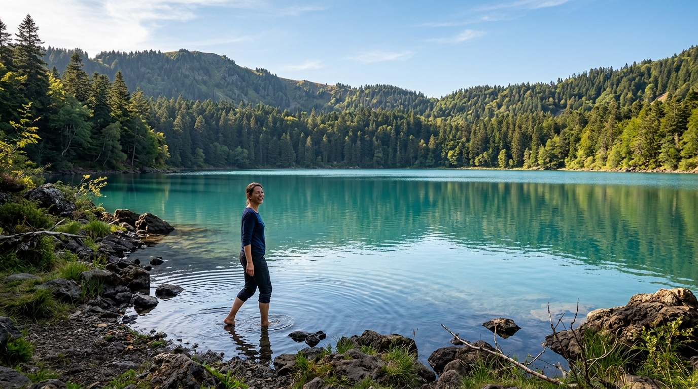 Lac du Bouchet en Haute-Loire avec baigneuse dans l'eau claire