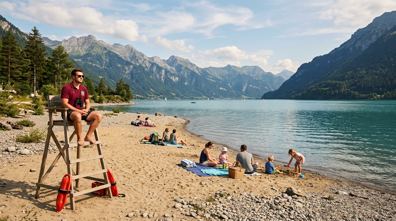 Plage de sable vide au bord d'un lac surveillé en été