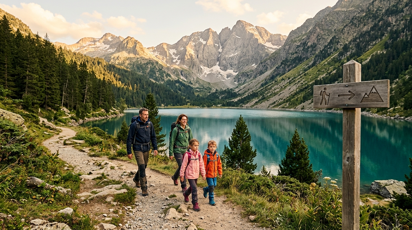 Famille en randonnée sur le sentier autour du lac