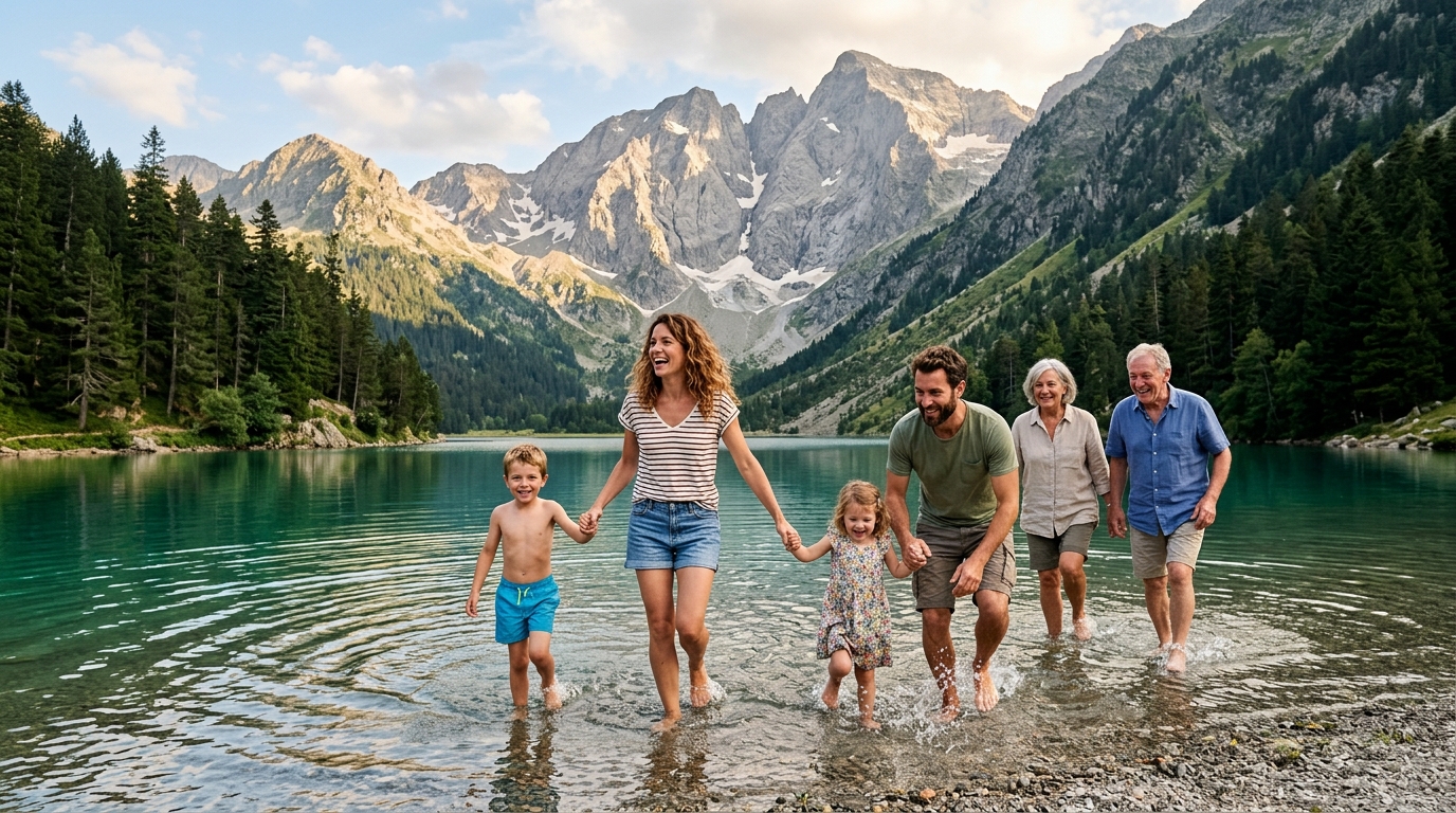 Baignade familiale dans un lac de montagne ariégeois