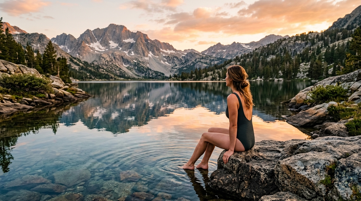 Femme se rafraîchissant au bord d'un lac d'altitude