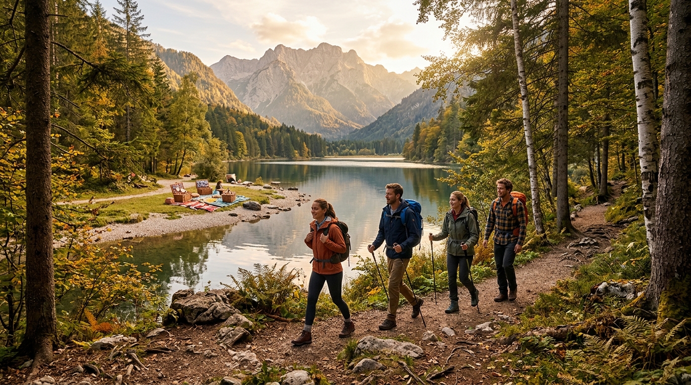 Randonneurs sur le sentier autour d'un lac pyrénéen