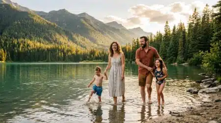 Famille se baignant dans un lac vosgien au coucher du soleil