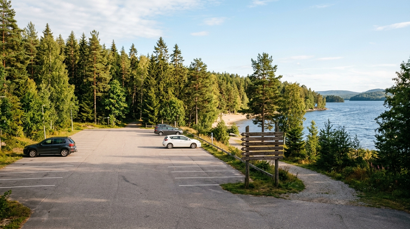 Parking vide au bord d'un lac en fin d'été