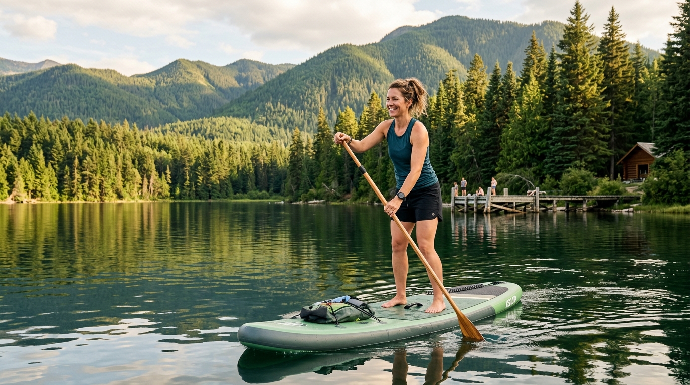 Femme faisant du paddle sur un lac de montagne