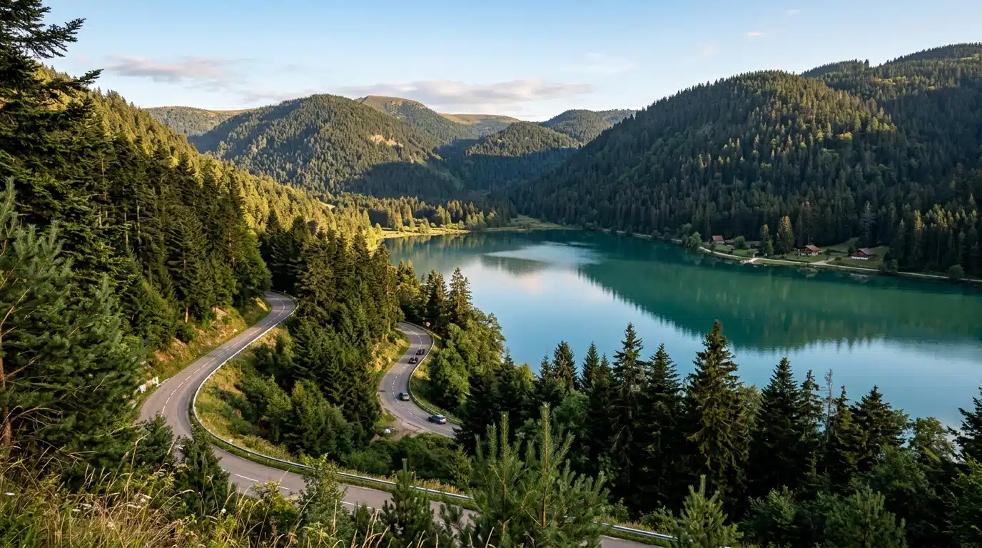 Lac de Pierre-Percée entouré de forêts vosgiennes