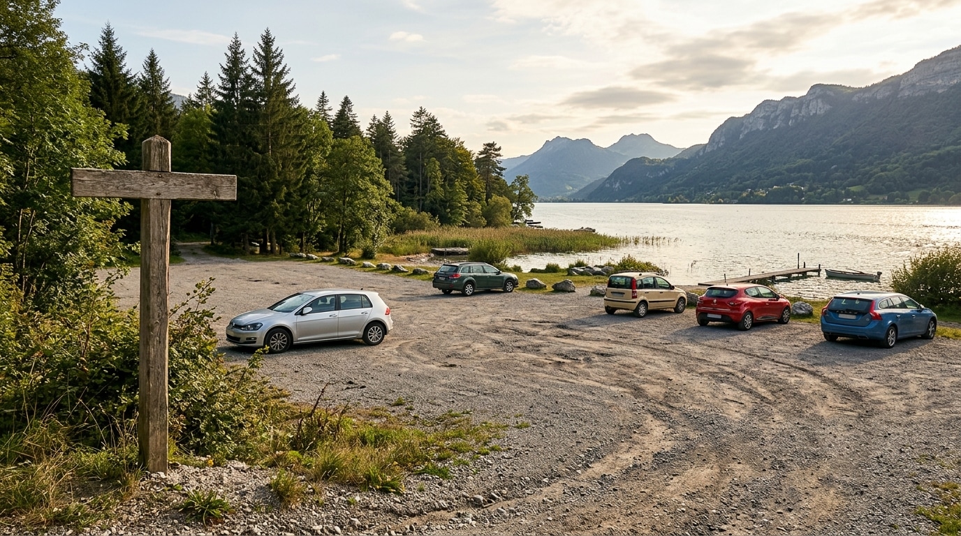 Parking vide près d'un lac du Jura fin août