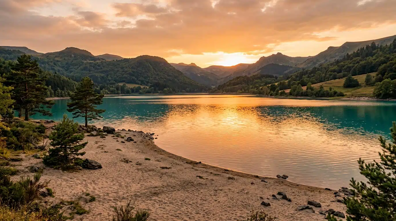 Lac du Massif central désert avec eau turquoise au coucher du soleil