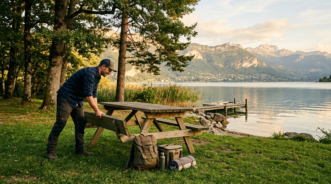 Pique-nique au bord d'un lac de montagne à l'ombre des arbres