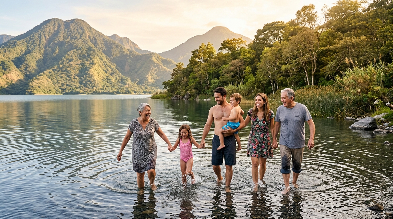 Famille se baignant dans le lac de Guéry en été
