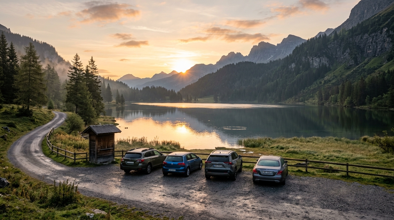 Parking matinal vide près du lac d'altitude