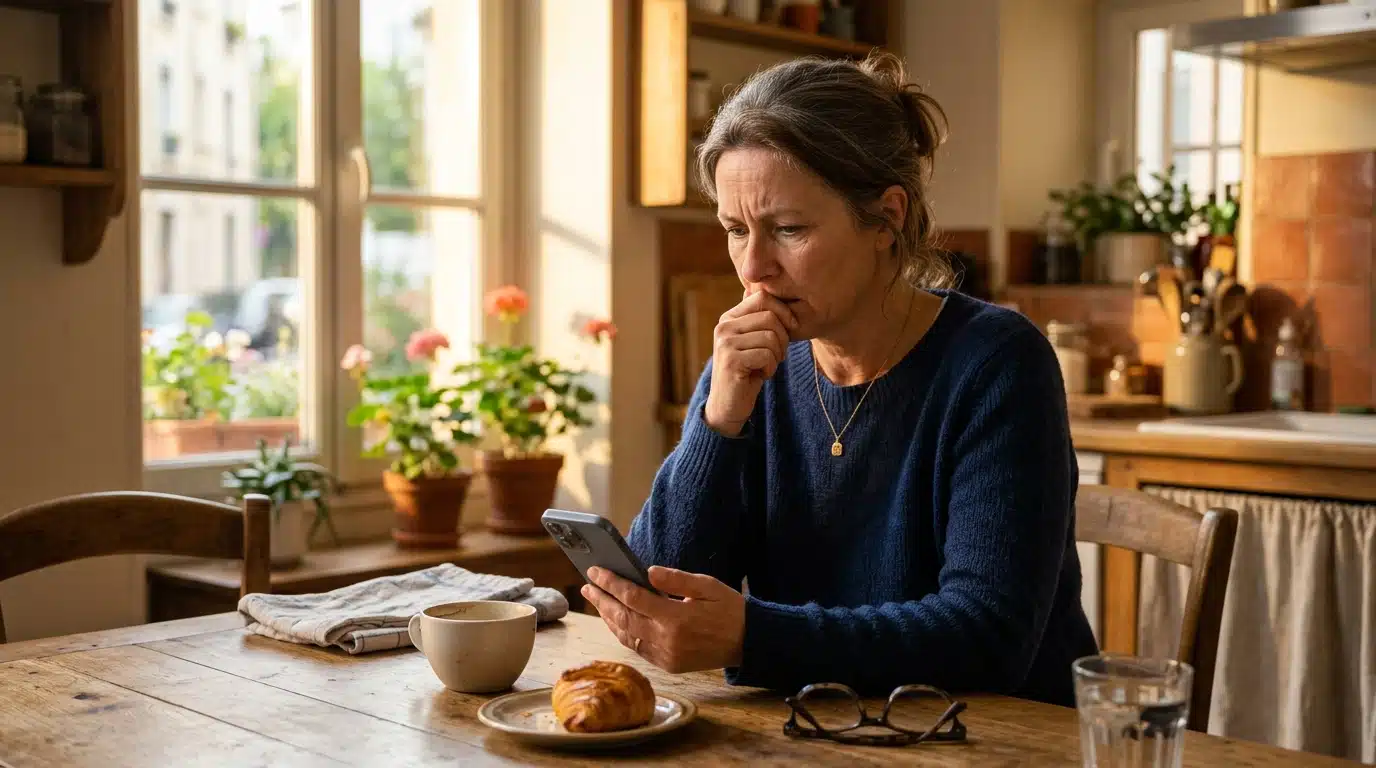 Femme inquiète lisant un mail frauduleux sur son téléphone