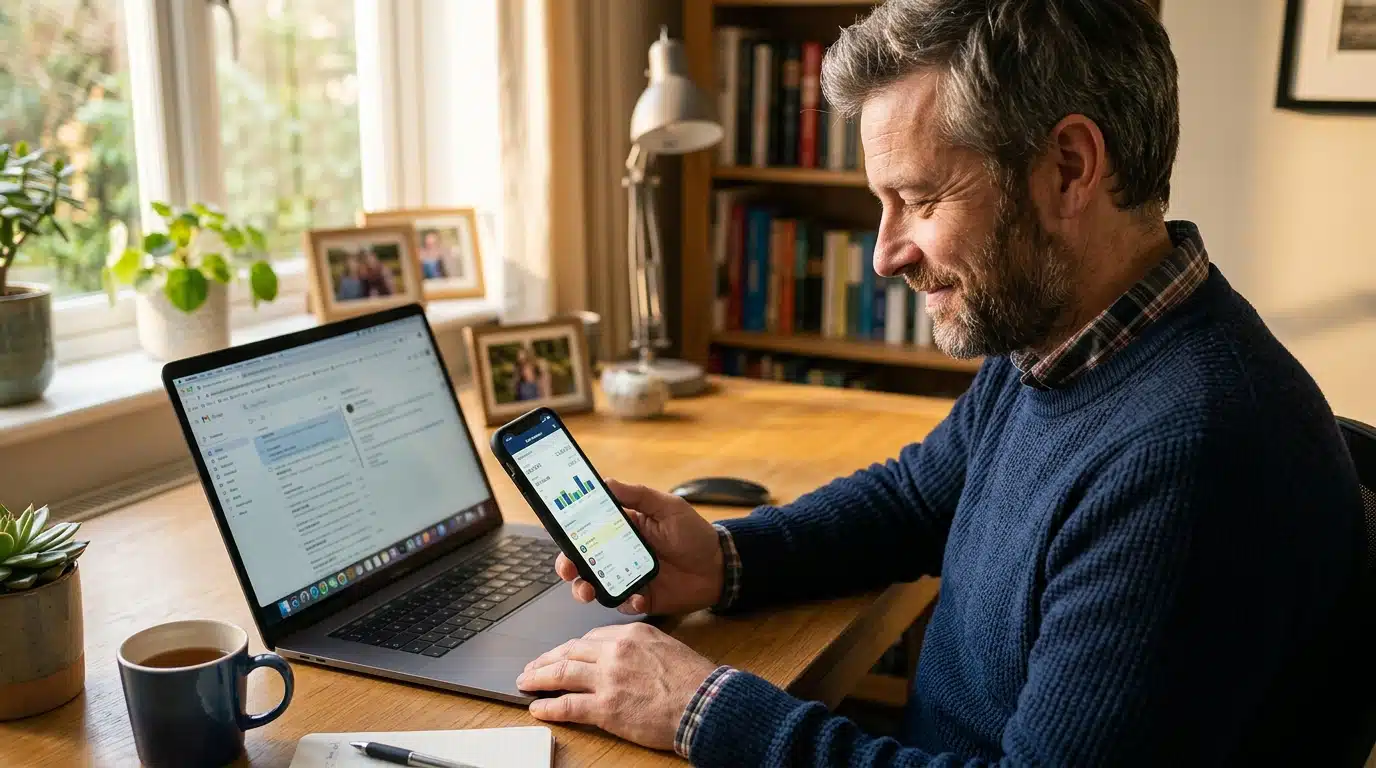 Homme vérifiant ses relevés bancaires après une alerte phishing