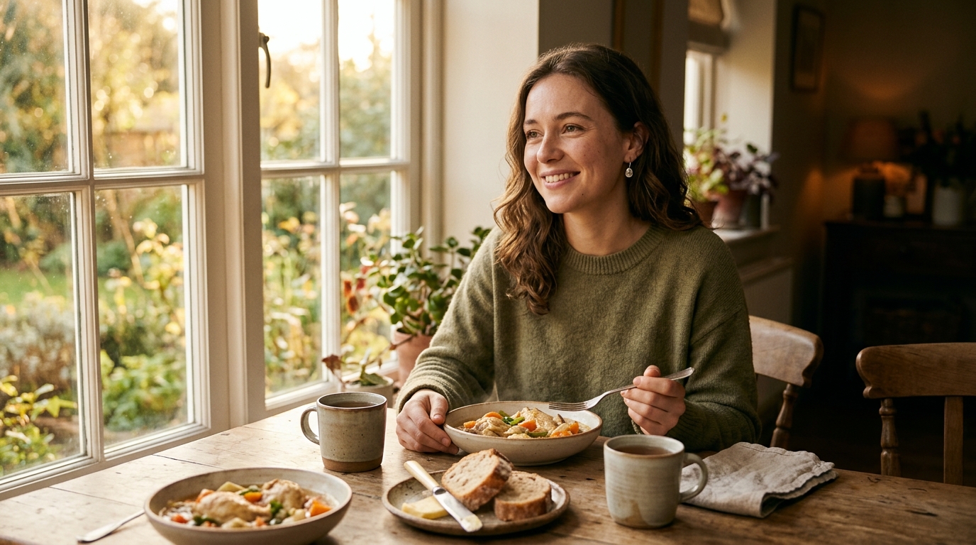 Femme souriante attablée pour un dîner simple et tendre