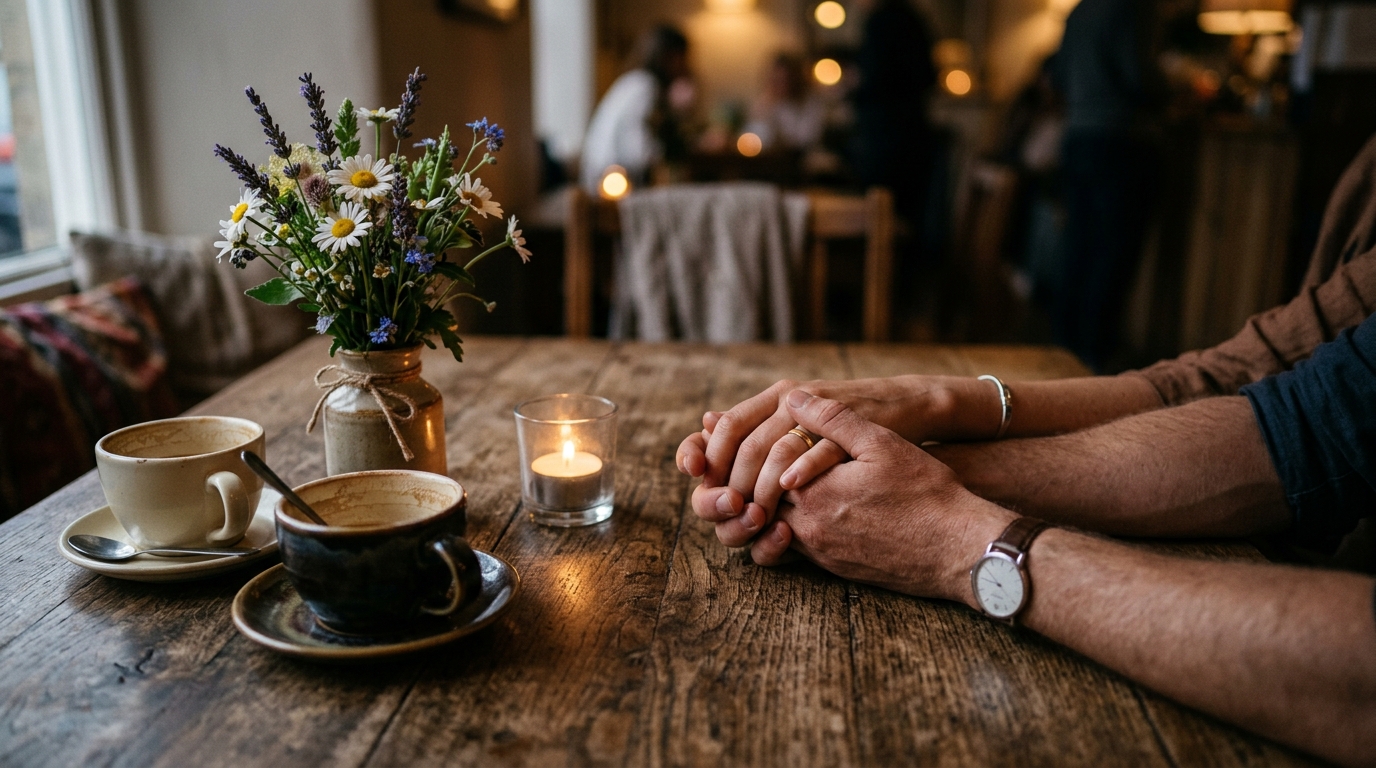 Mains enlacées sur une table en bois, ambiance chaleureuse
