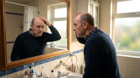 Homme chauve examinant son crâne devant un miroir