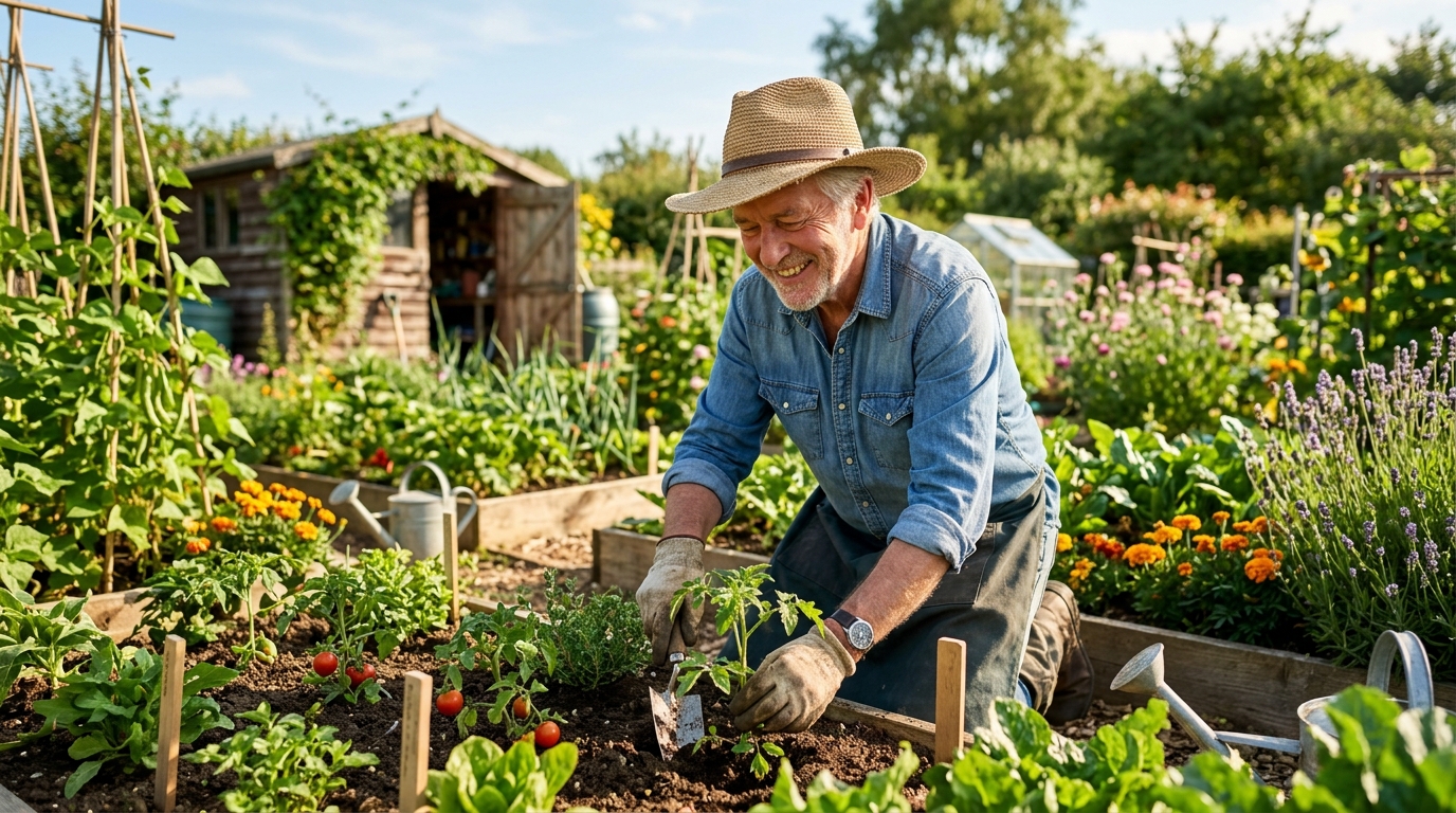 Homme âgé portant un chapeau à large bord au jardin