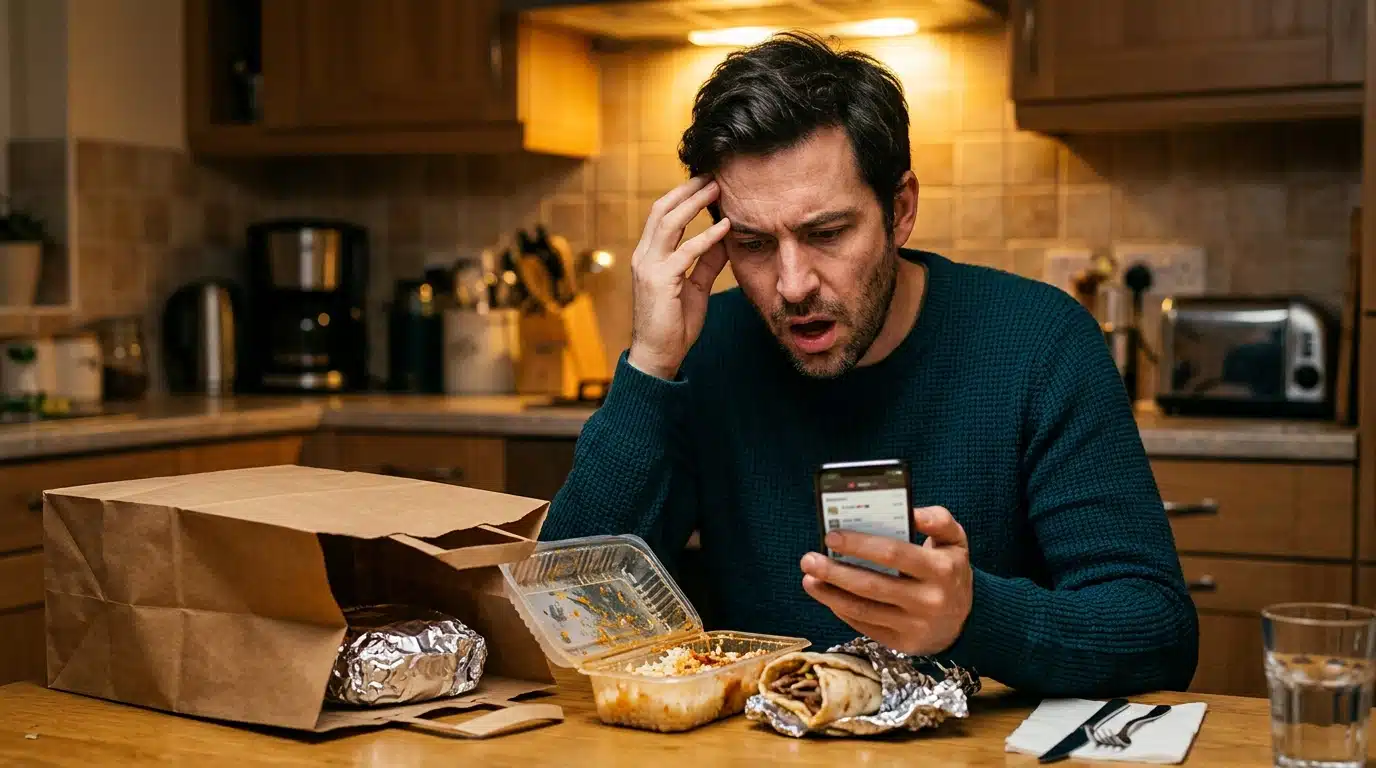 Homme surpris devant sa facture de livraison de repas