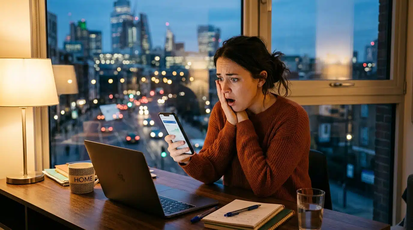 Femme choquée en consultant son compte bancaire