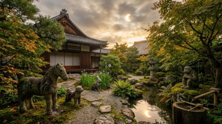 Jardin zen au lever du soleil pendant une éclipse partielle