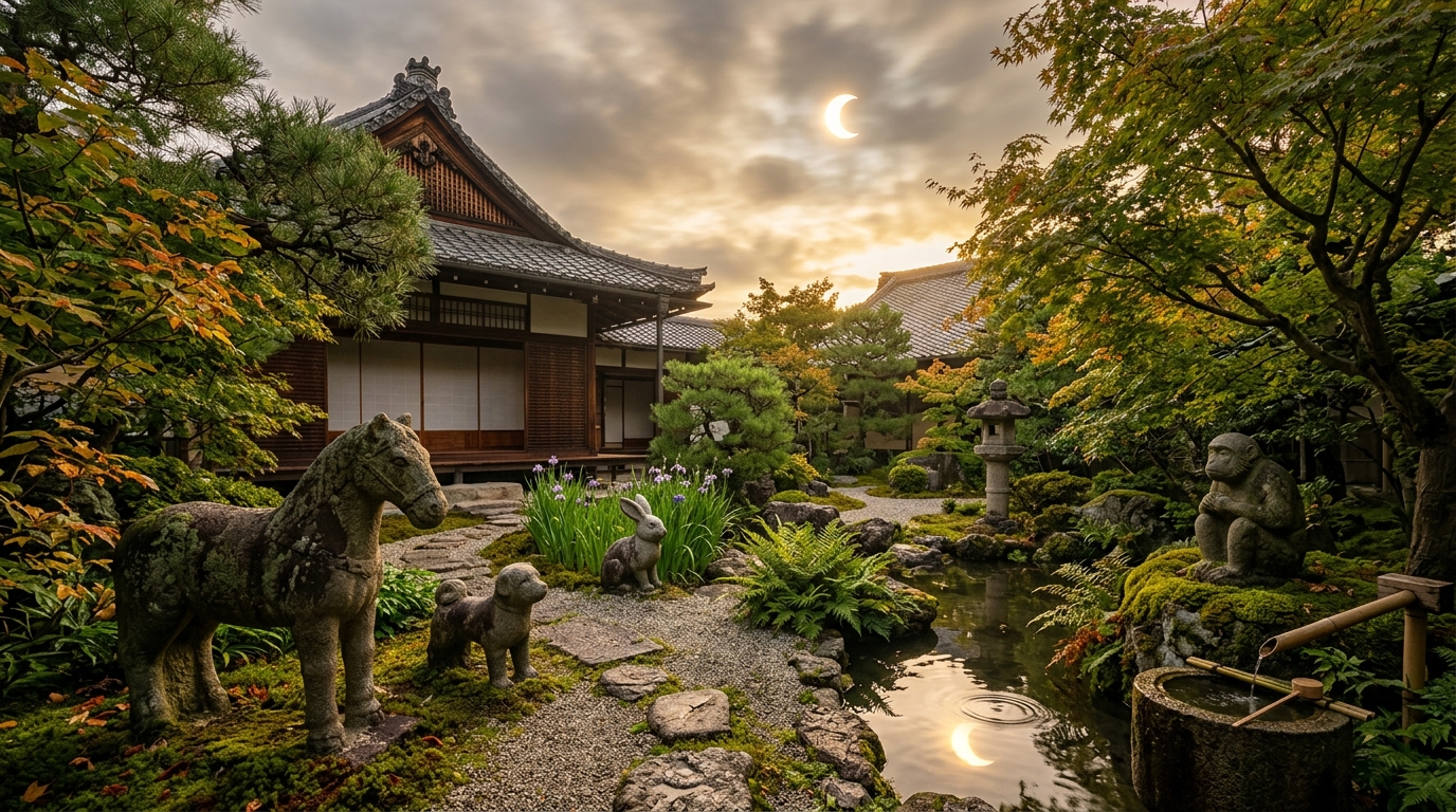 Jardin zen au lever du soleil pendant une éclipse partielle