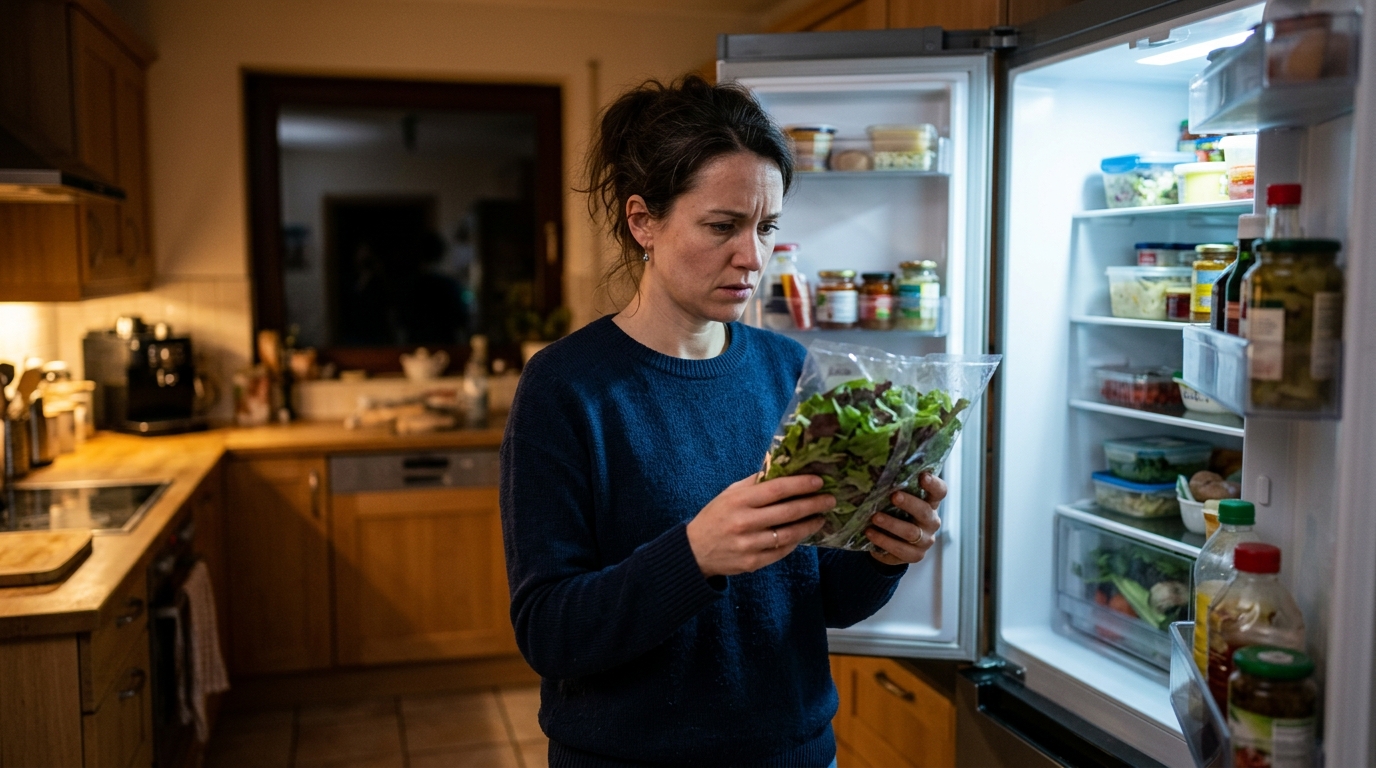 Personne regardant un sachet de mesclun dans son frigo