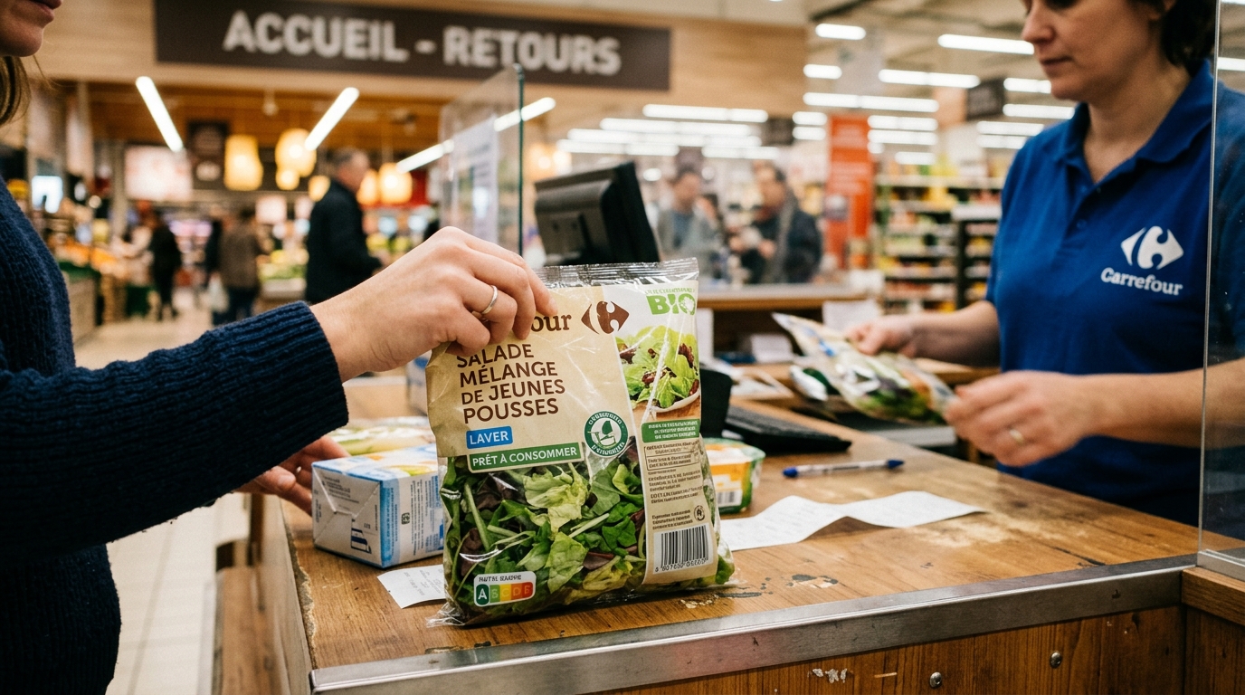 Client rapportant un sachet de salade au service consommateurs