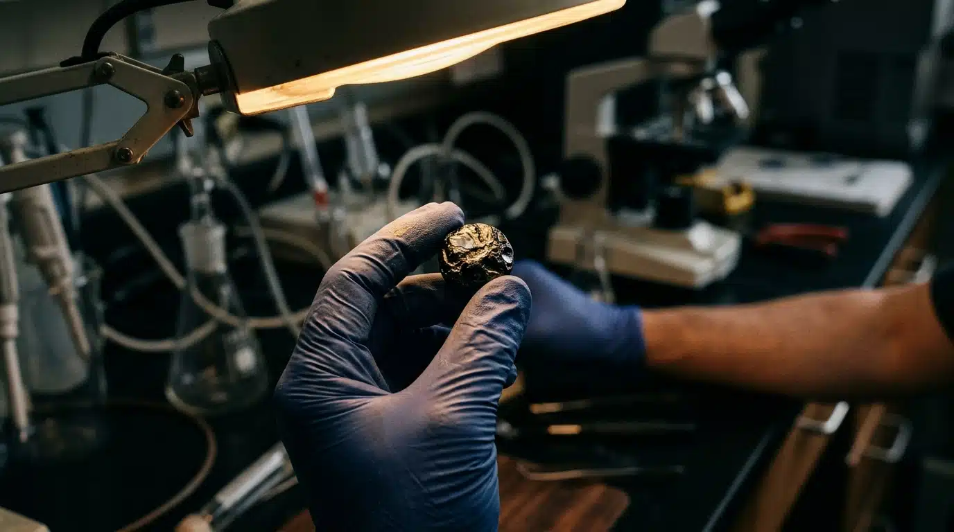 Bille de verre vitrifié examinée au laboratoire