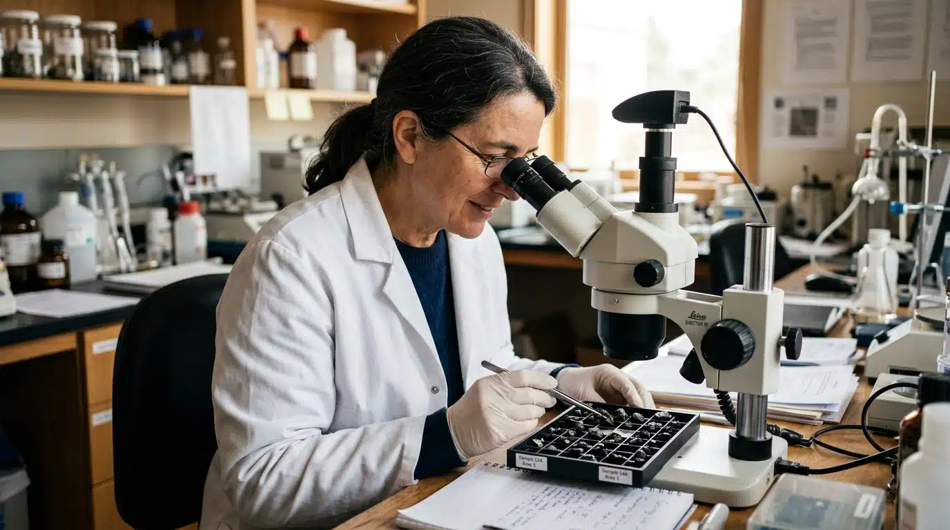 Scientifique observant un échantillon au microscope
