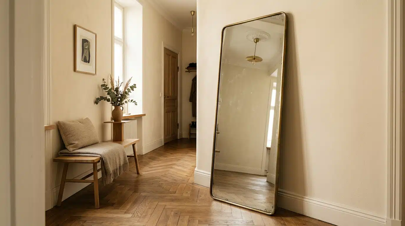 Ce miroir posé au sol, jamais accroché, envahit les entrées et fait disparaître les murs