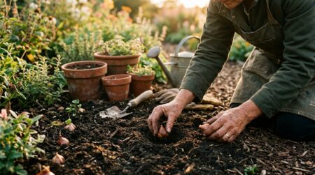 Mains plantant des bulbes de tulipes dans la terre