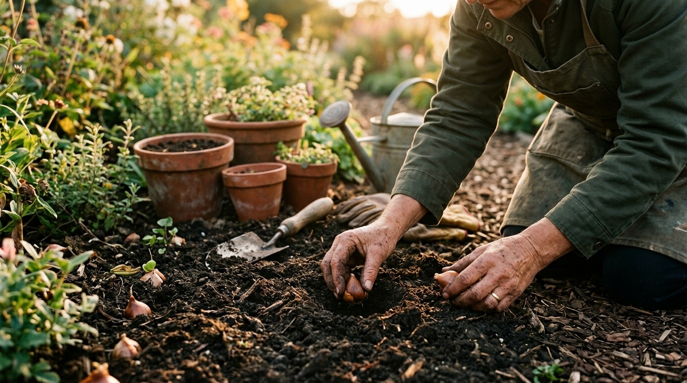 Mains plantant des bulbes de tulipes dans la terre