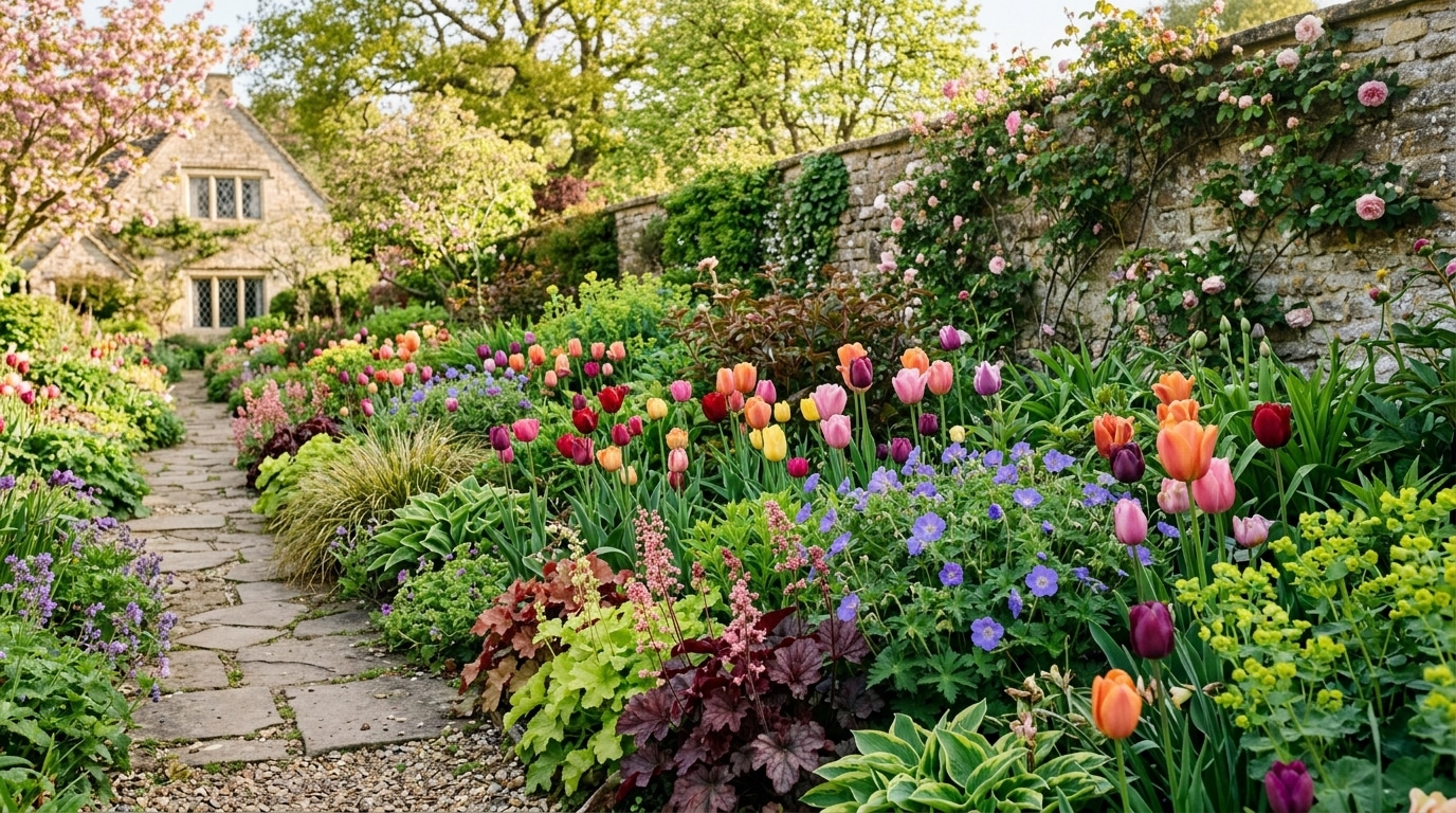 Massif fleuri mêlant tulipes colorées et vivaces