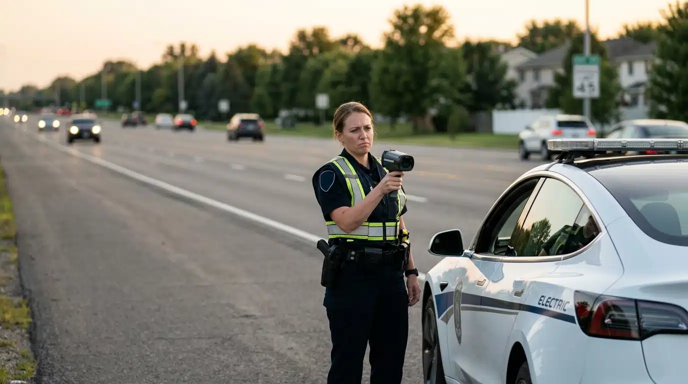 Policier arrêtant une voiture électrique sur autoroute