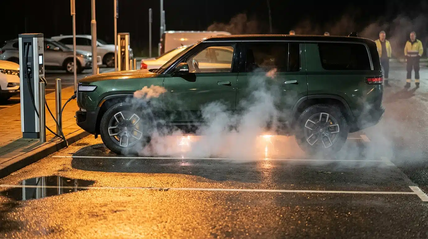 SUV électrique vert dégageant une épaisse fumée blanche