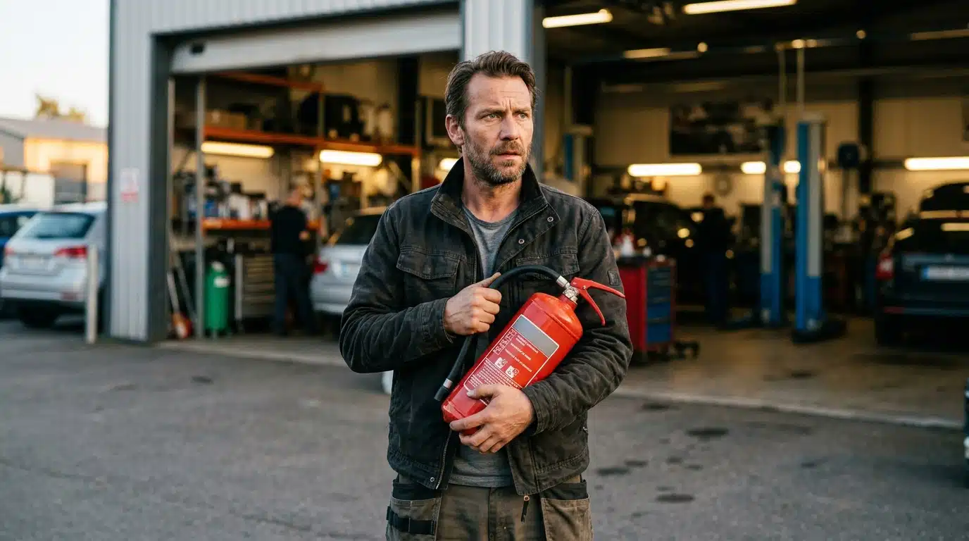 Homme inquiet tenant un extincteur près d'un garage
