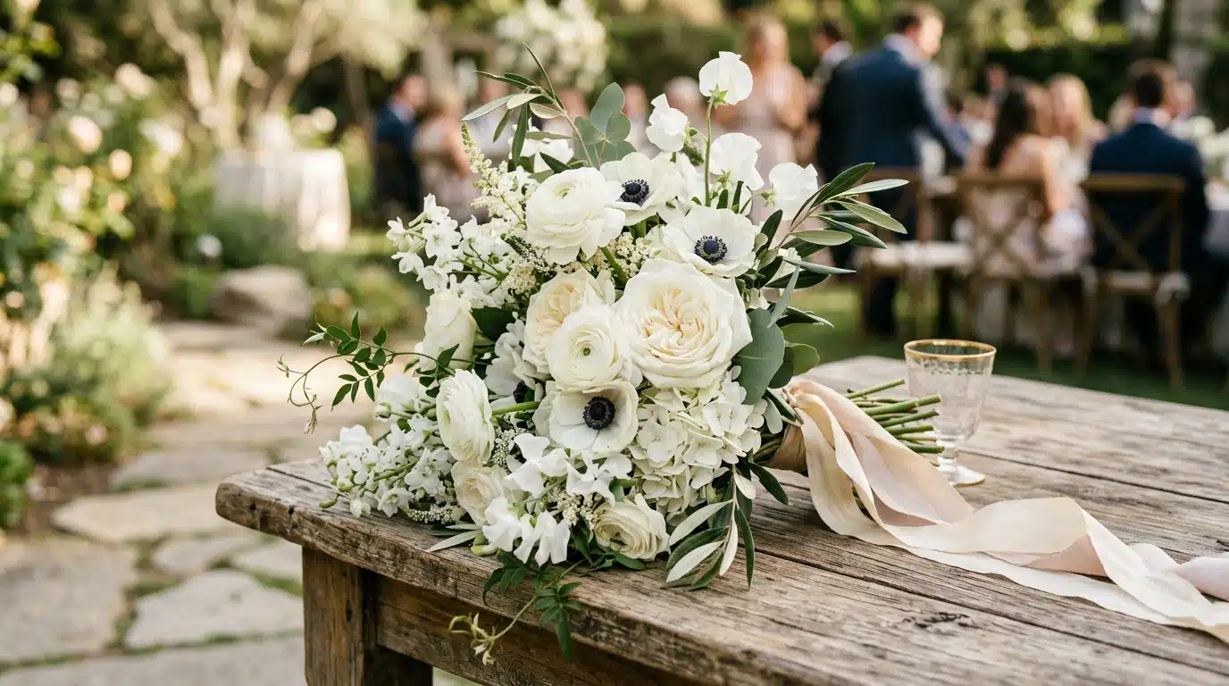 Bouquet de fleurs blanches posé en extérieur