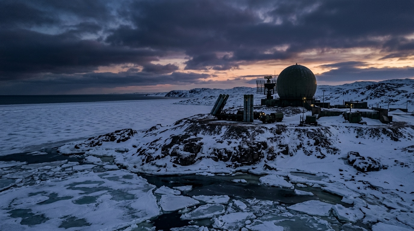 Base militaire glacée en Arctique au coucher du soleil