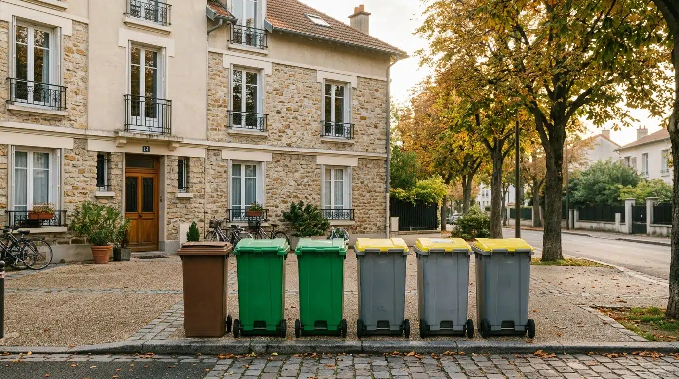 Rangée de poubelles de tri devant un immeuble résidentiel
