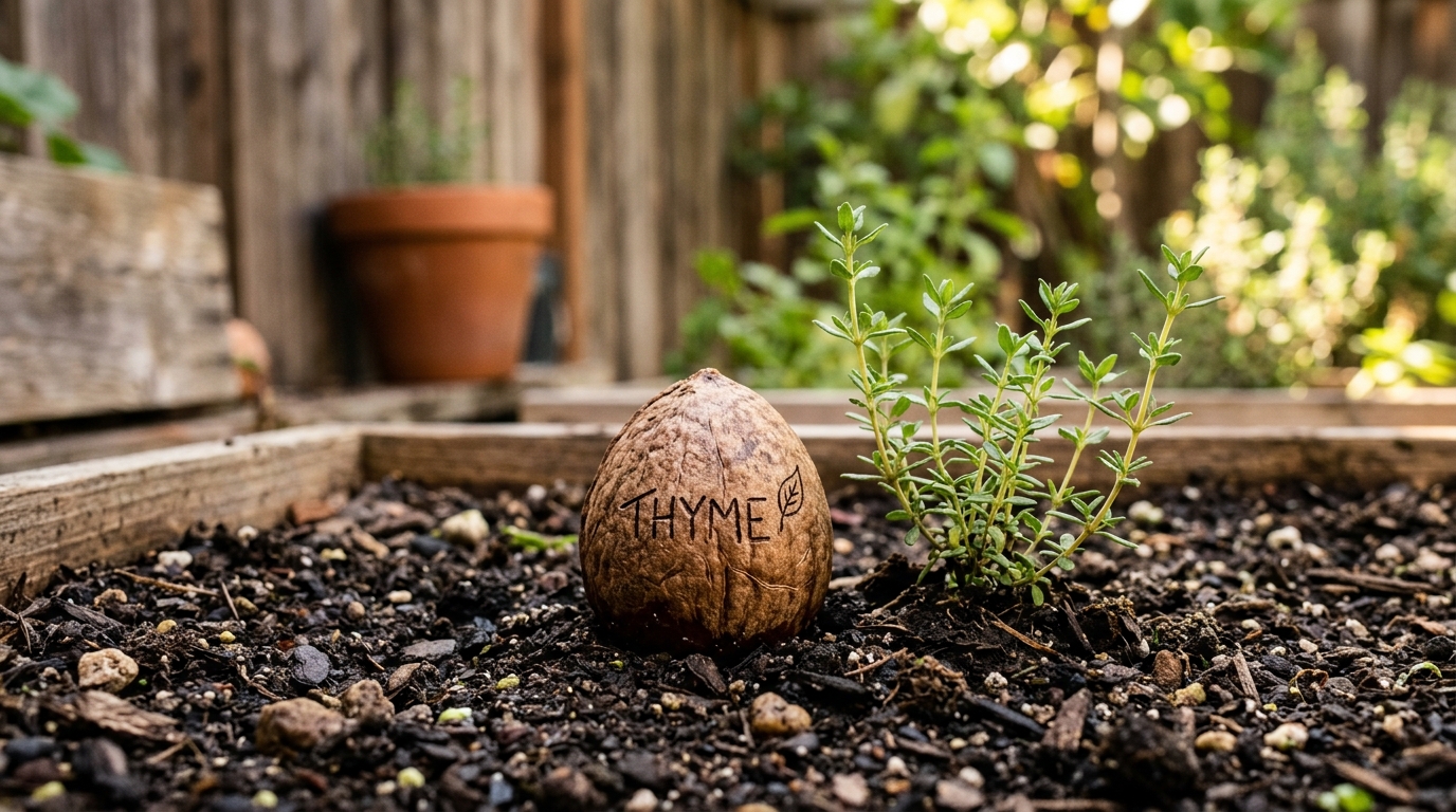 Noyau d'avocat séché planté comme étiquette au potager