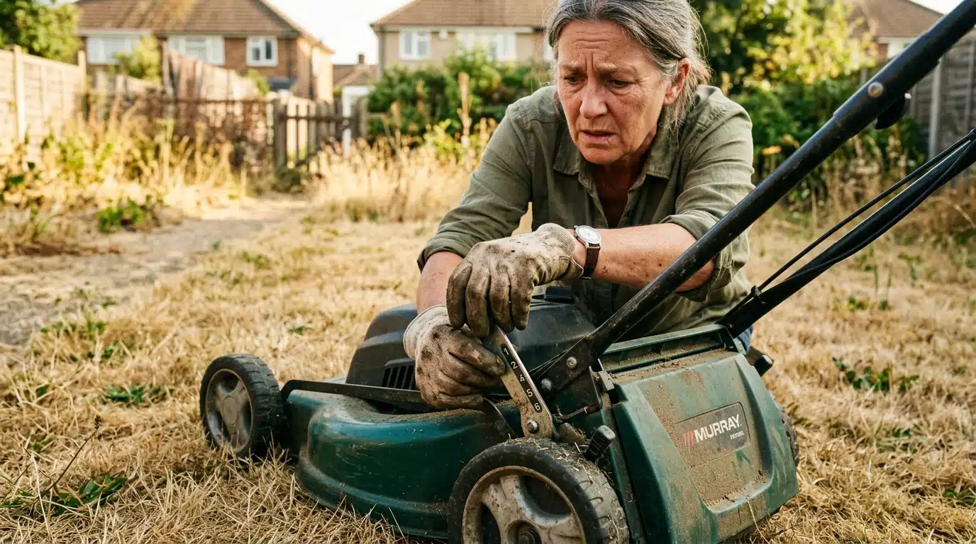 Jardinier réglant la hauteur de coupe de sa tondeuse