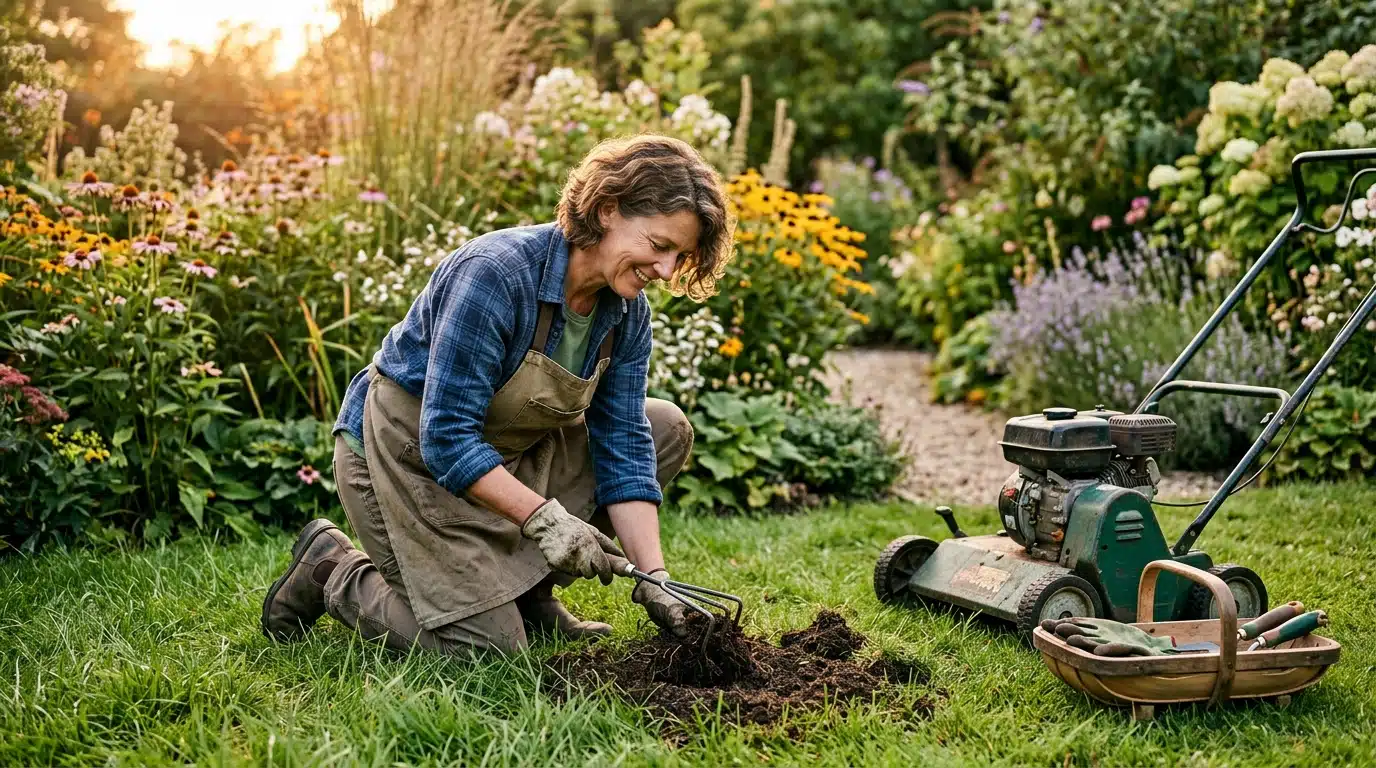 Jardinier examinant les racines de sa pelouse à l'automne