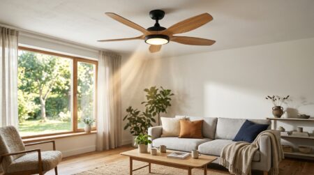 Ventilateur de plafond en bois dans un salon lumineux