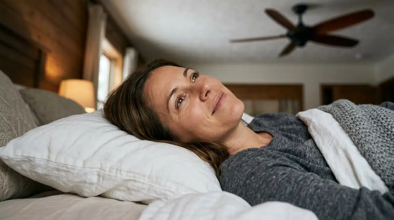 Personne allongée détendue sous un ventilateur de plafond