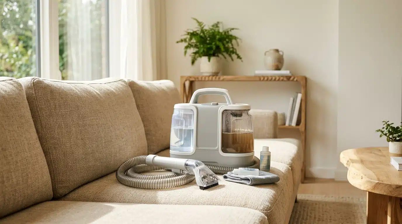Shampouineuse compacte posée sur un canapé en tissu