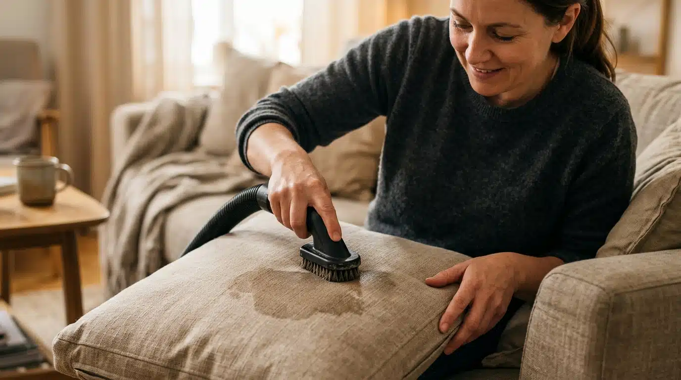 Personne nettoyant un coussin de canapé taché