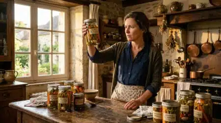 Femme inspecte un bocal de conserve maison dans sa cuisine