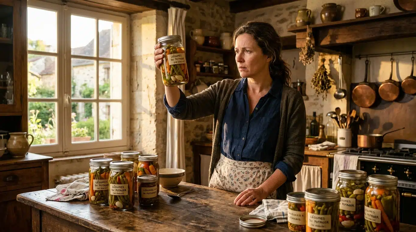 Femme inspecte un bocal de conserve maison dans sa cuisine