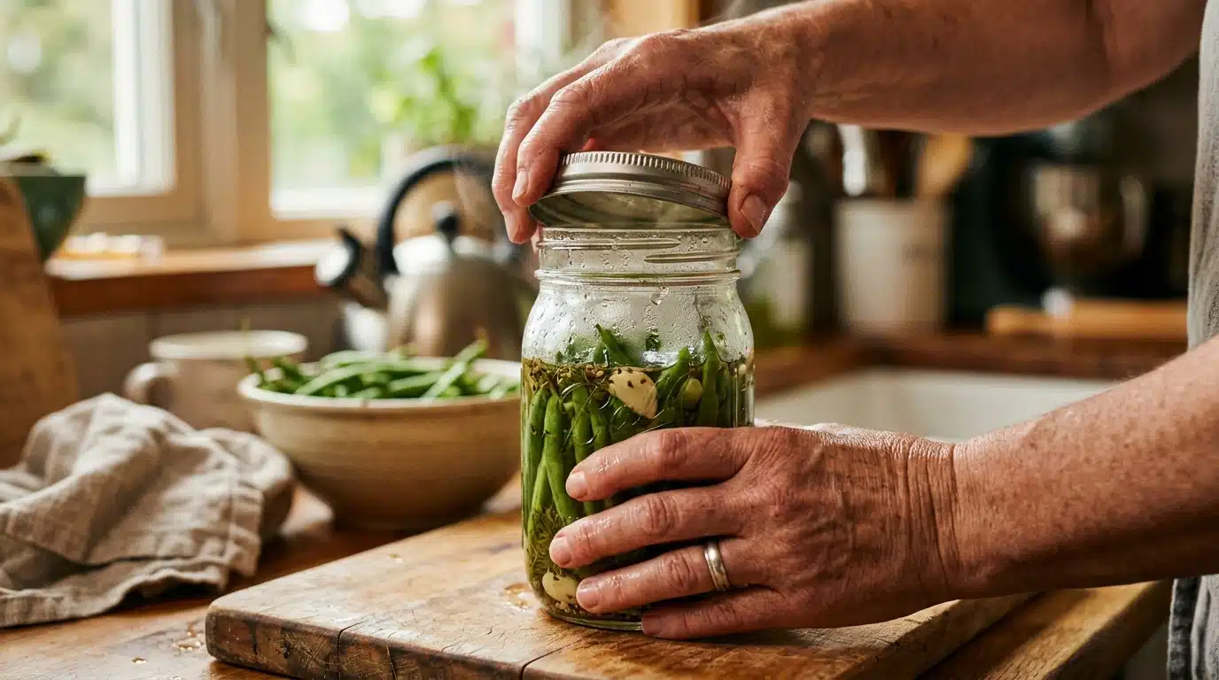 Mains ouvrant un bocal de haricots verts en conserve