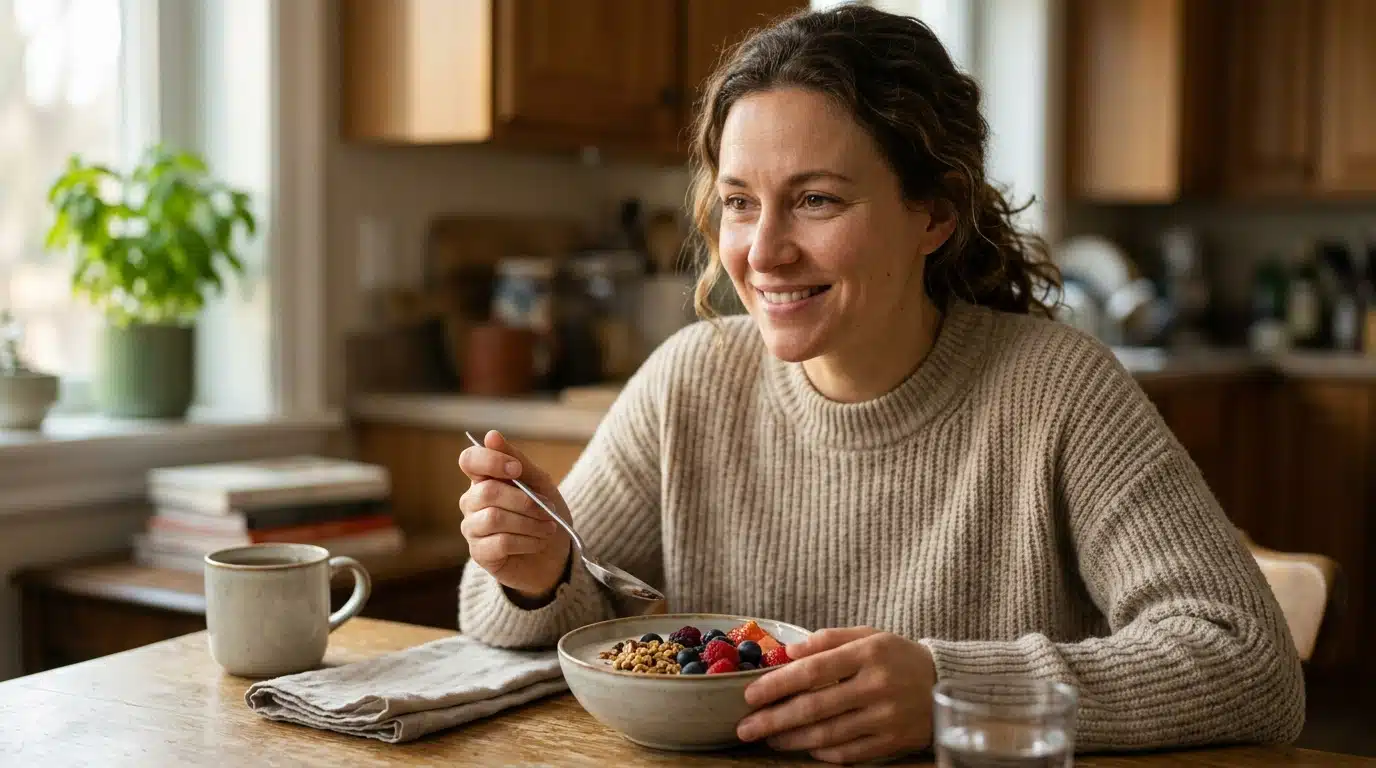 Femme souriante savourant son petit-déjeuner protéiné